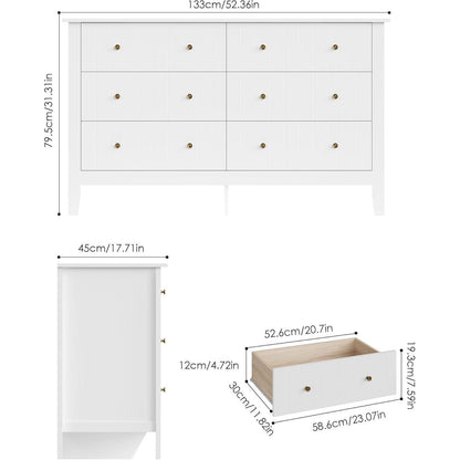 Weiße Kommode mit 6 Schubladen – 133cm Sideboard für Schlafzimmer