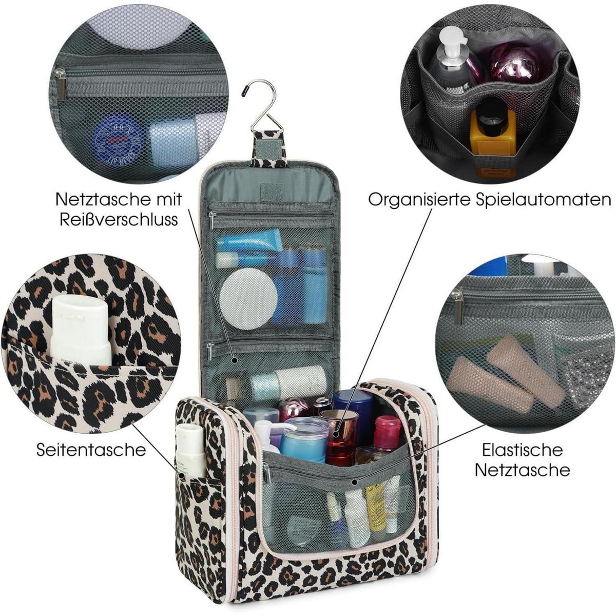 Große Kulturtasche zum Aufhängen, Rosa Leopard