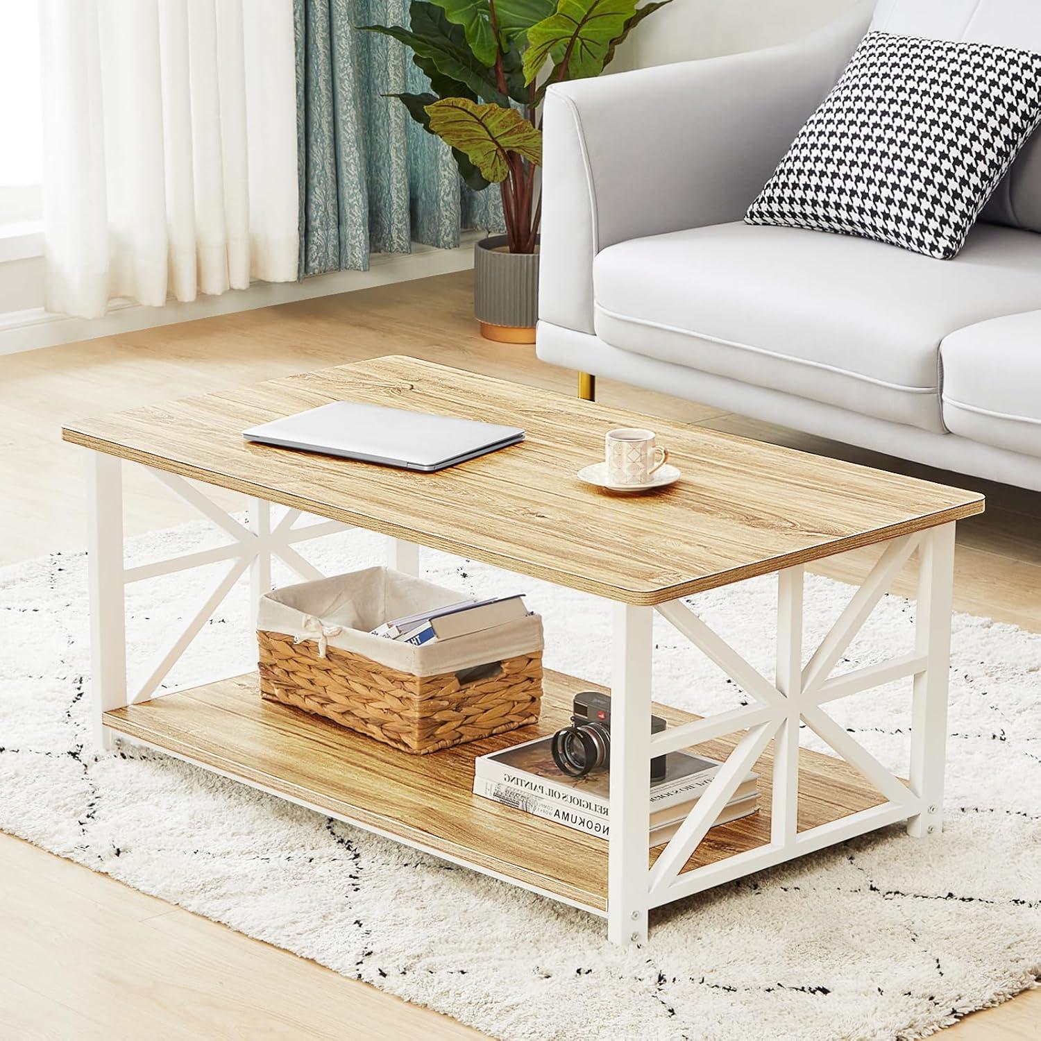 Couchtisch mit Stauraum 100cm Runde Ecke Holz Metall Rustikales Design Eiche
