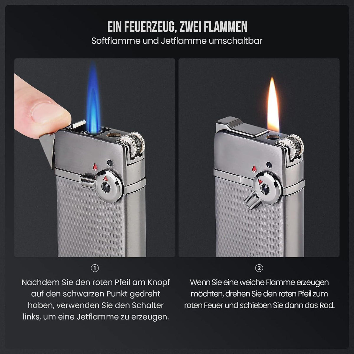 Sturmfeuerzeug Jetflamme Flammenmodus Umschaltbar Vintage Gas