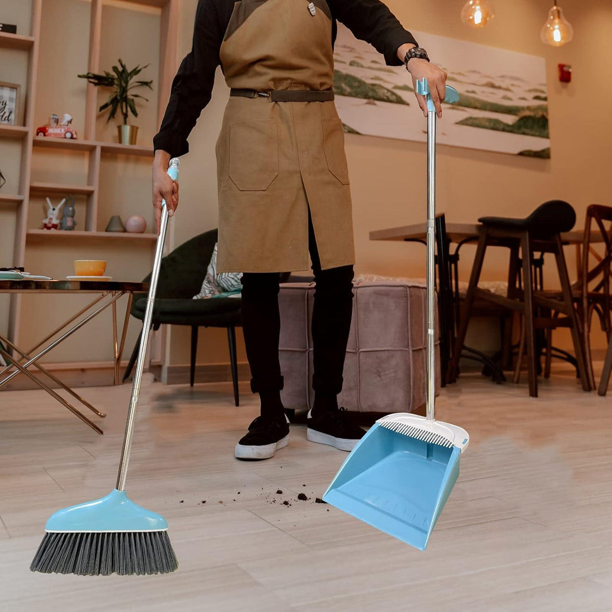 Roellgs Besen und Kehrschaufel-Set langer Griff Hausreinigung Blau