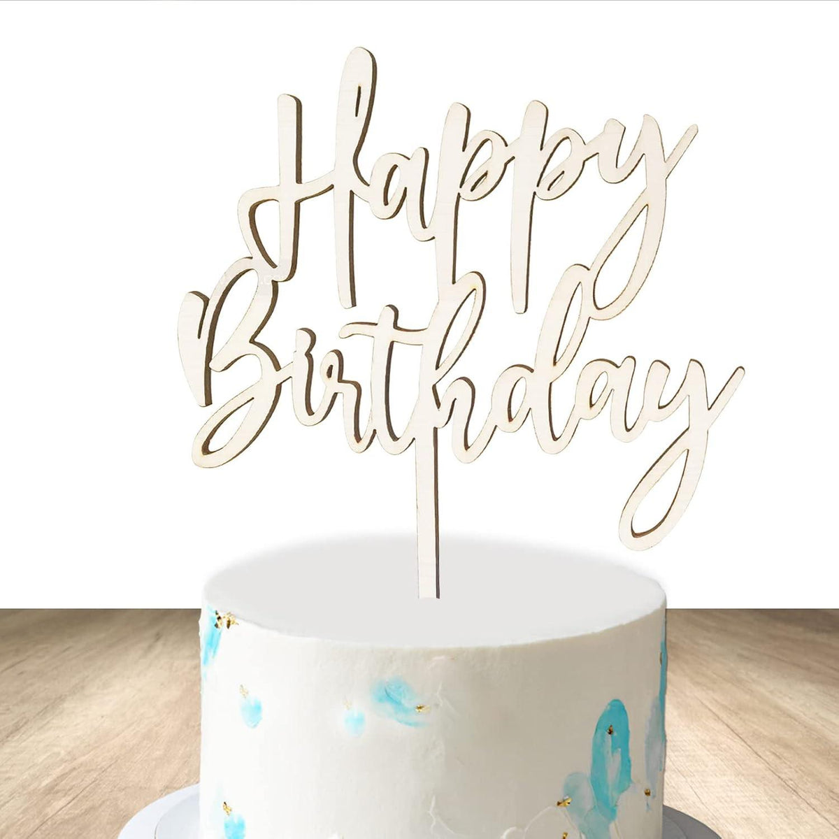 BOYATONG Cake Topper Happy Birthday aus Holz 15x20cm Beige