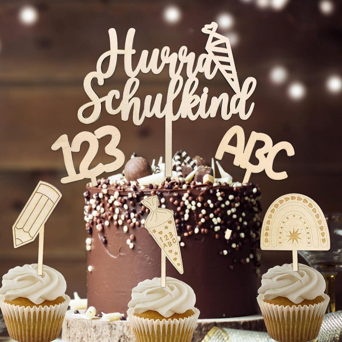 Holz Tortendeko Einschulung Cake Topper Set ABC 123 Zuckertüte