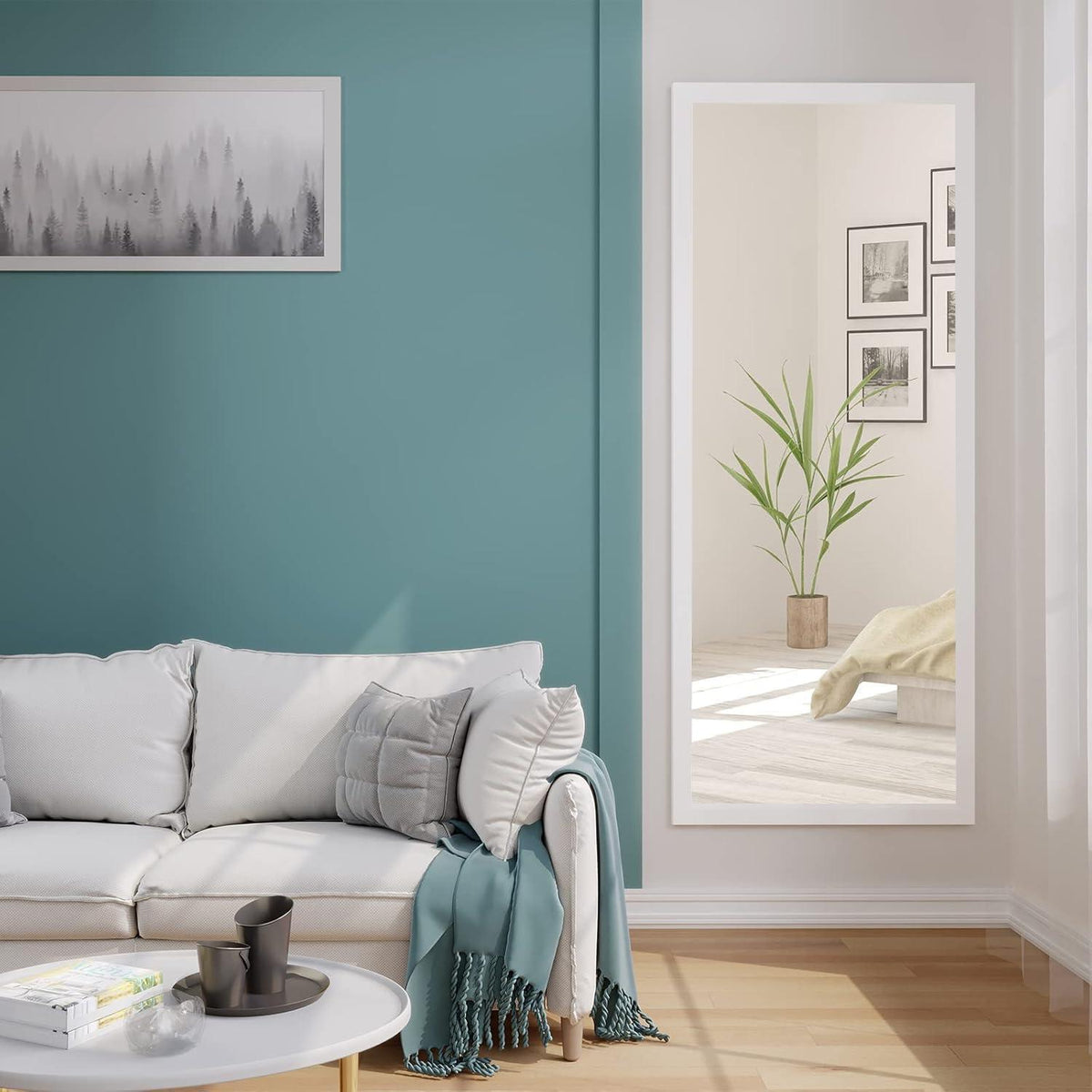 Höhenverstellbarer Wandspiegel 45x119cm mit Haken – Weiß