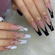 24er Set Schwarz-Weiß French Künstliche Nägel, Ballerina Kunstnägel