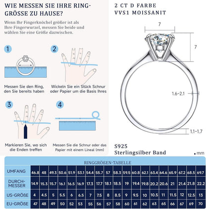 Verlobungsring Damen 1-2 Karat Moissainte Solitär 925 Silber D VVS1
