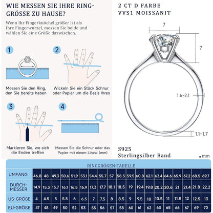 Verlobungsring Damen Moissanit 2 Karat 925 Sterling Silber D VVS1