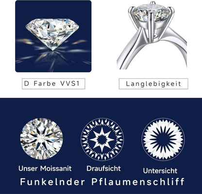 Solitärring Moissanit 925 Silber Verlobungsring 2 Karat VVS1 D Farbe