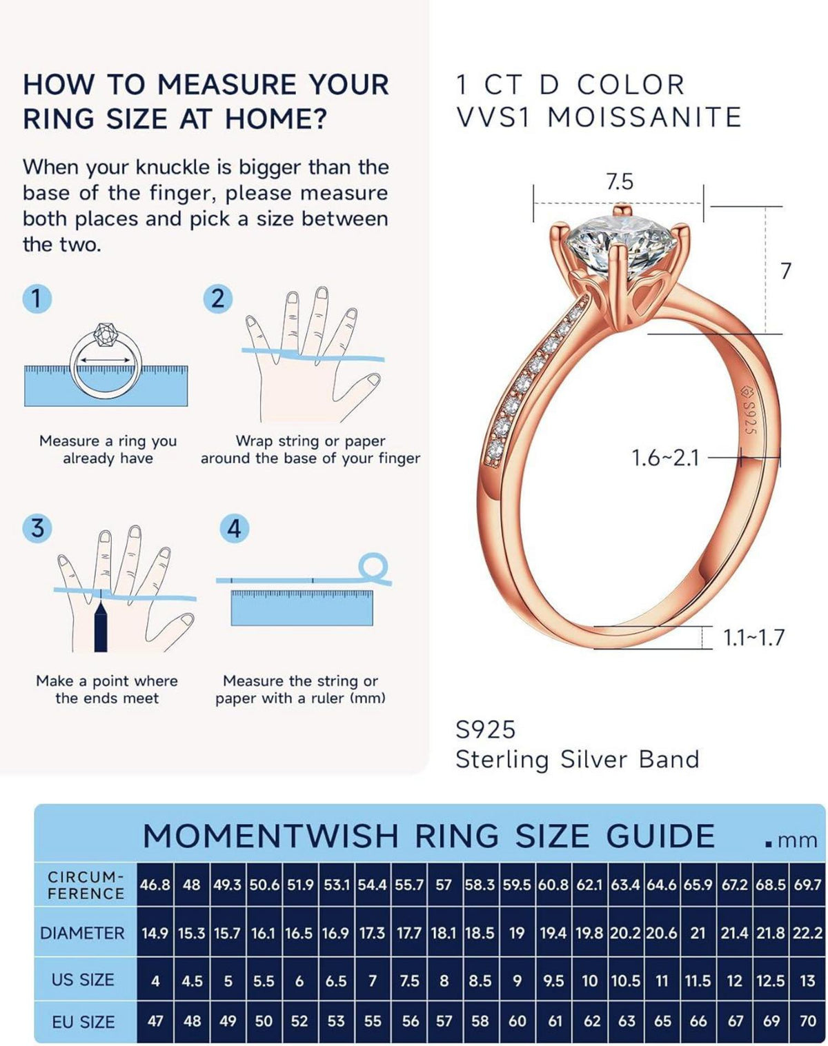 Verlobungsring Damen 1 Karat Moissanite Diamant Ring Frauen 925 Sterling Silber VVS1 D Farbe inkl. Geschenkbox