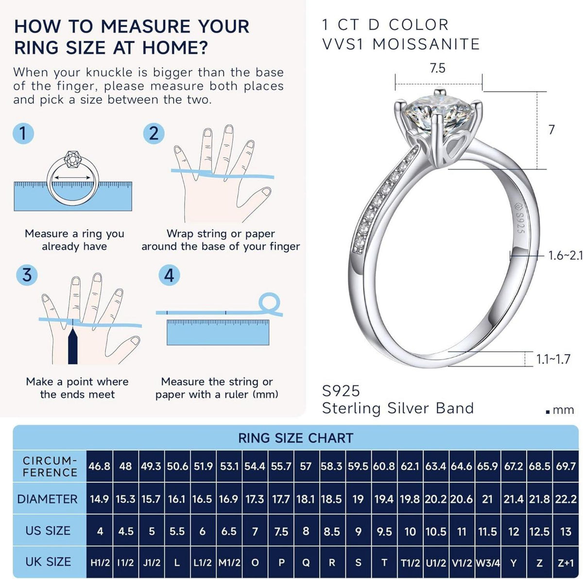 Verlobungsring Damen 1 Karat Moissanit Diamant 925 Silber VVS1 D Farbe