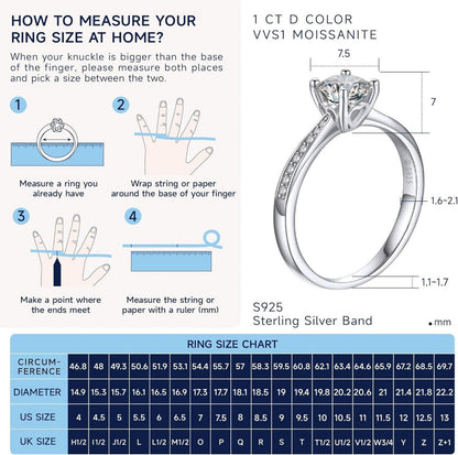 Verlobungsring Damen 1 Karat Moissanite Diamant 925 Silber VVS1 D