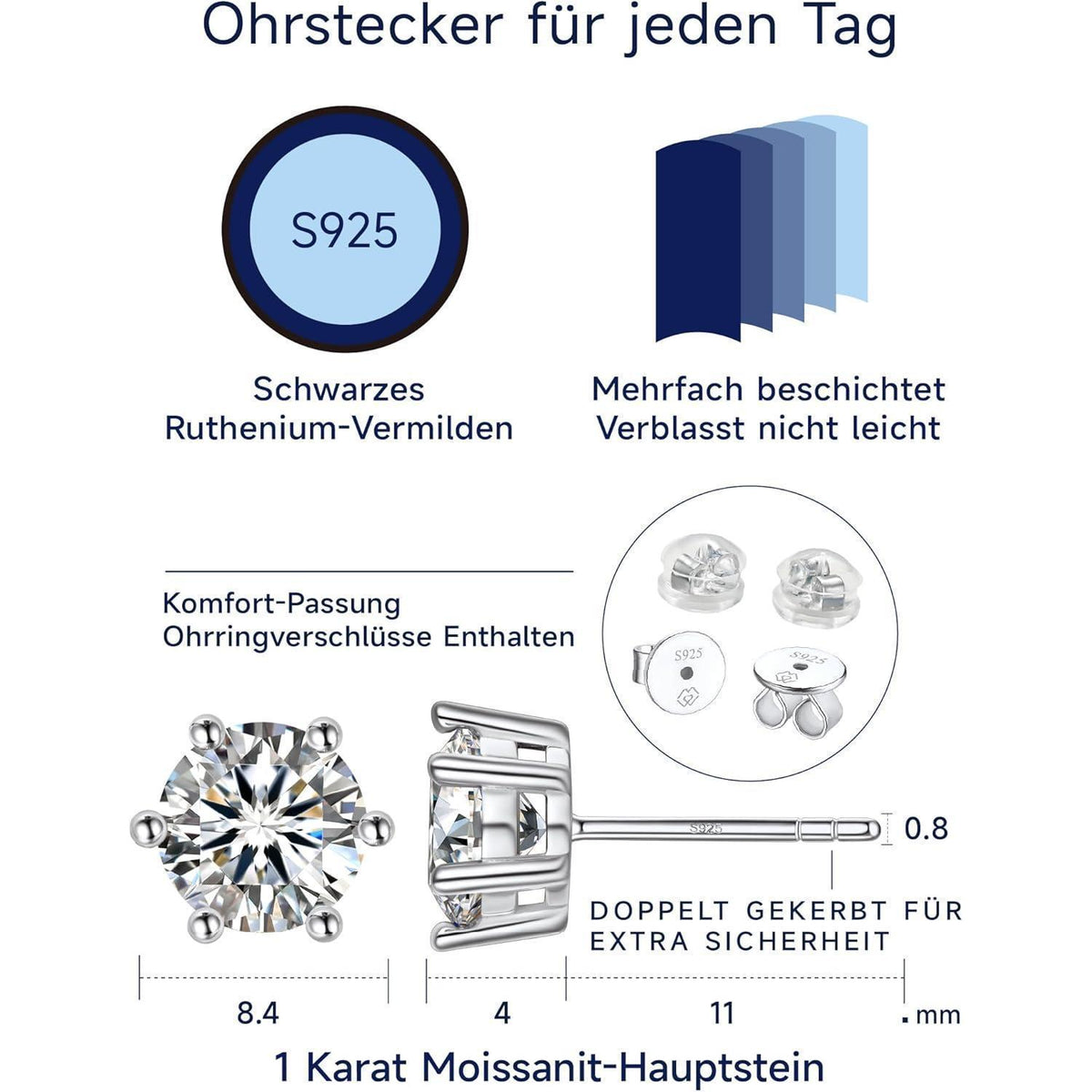 Moissanit Ohrstecker Silber 925, 1 Karat, 6-Zacken-Fassung, Geschenk für Frauen