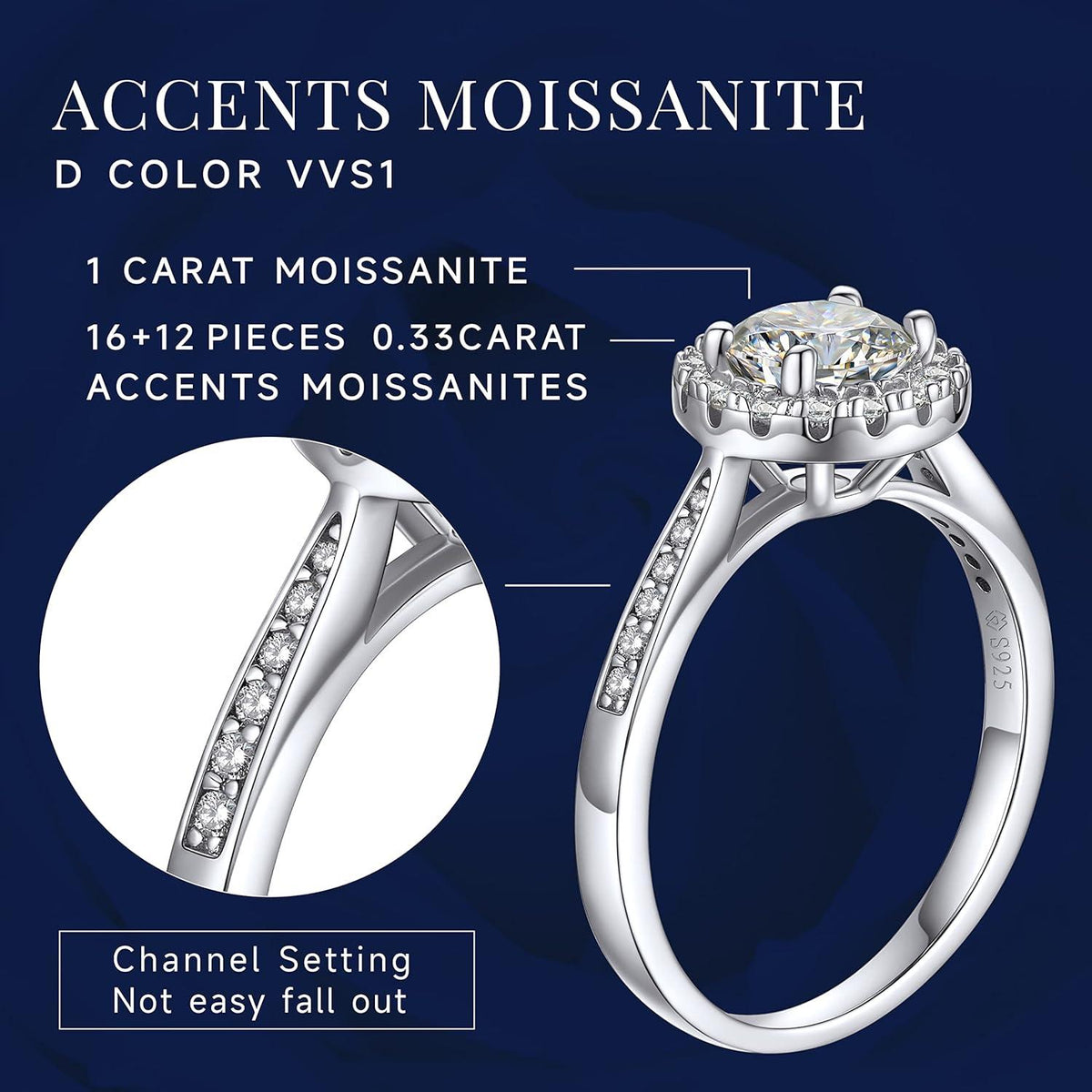 Verlobungsring Damen Silber 1 Karat Moissainte Geschenkbox 925 Halo Valentinstag