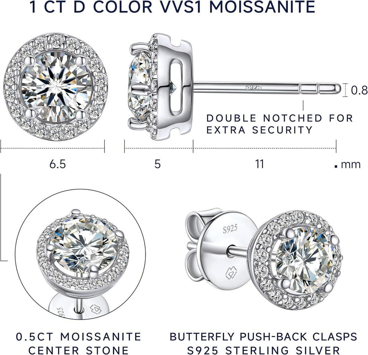 Moissanite Ohrringe Silber 925 Damen Hypoallergen Halo Diamant