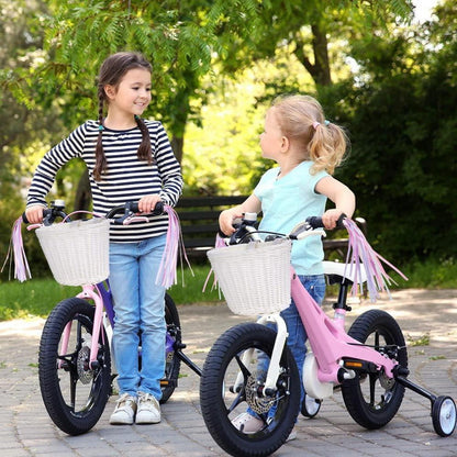 Kinder Fahrradkorb vorne geflochten mit Quasten und Klingel Weiß