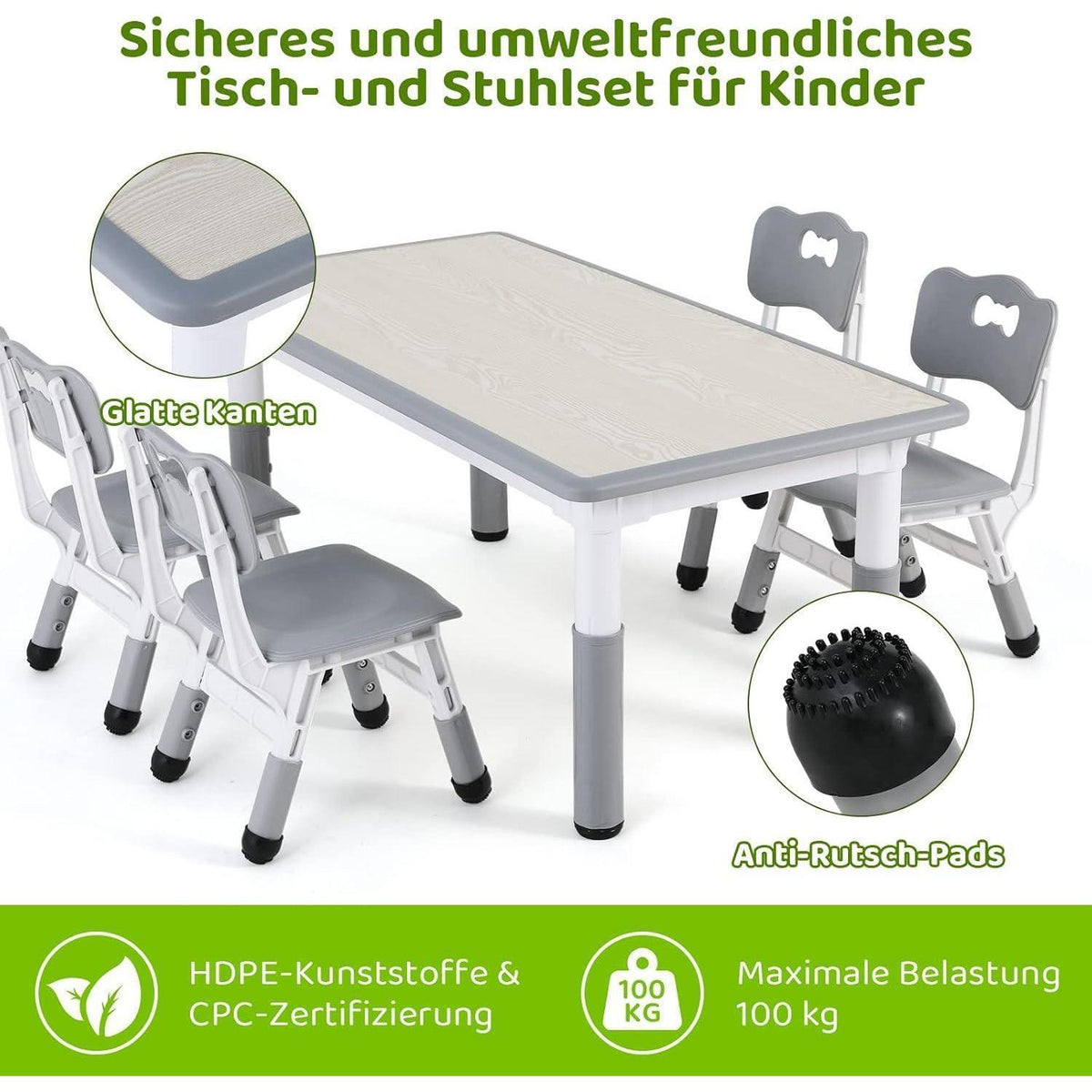 Höhenverstellbares Kindertisch Set mit 4 Stühlen, Grau