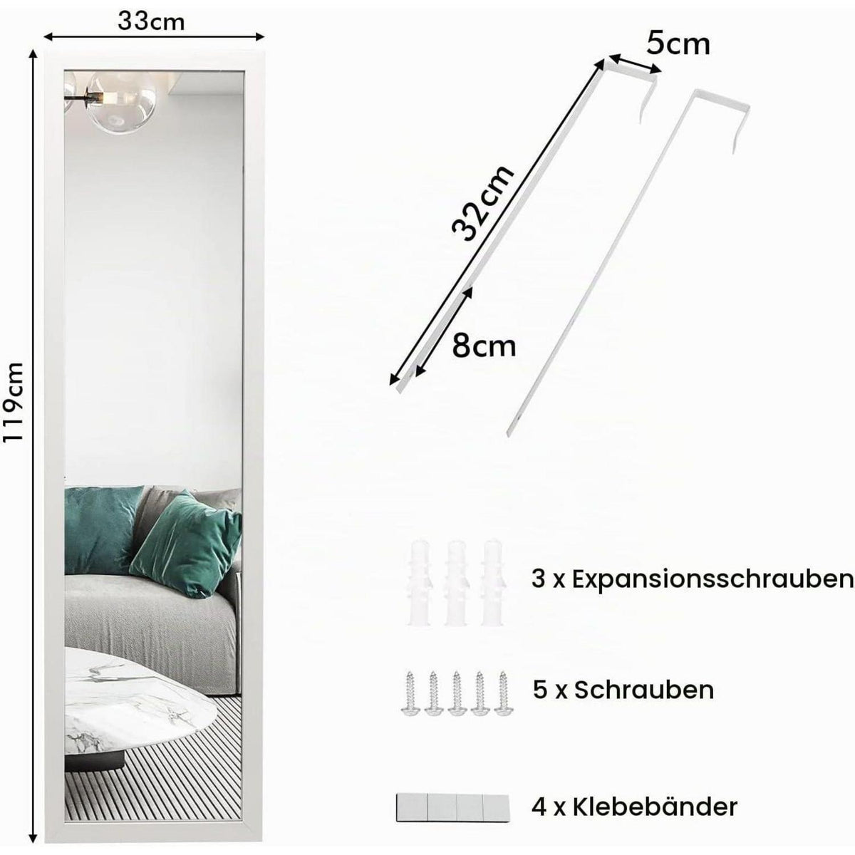 Ganzkörperspiegel Wand & Tür – Modern, 119x33cm mit Haken