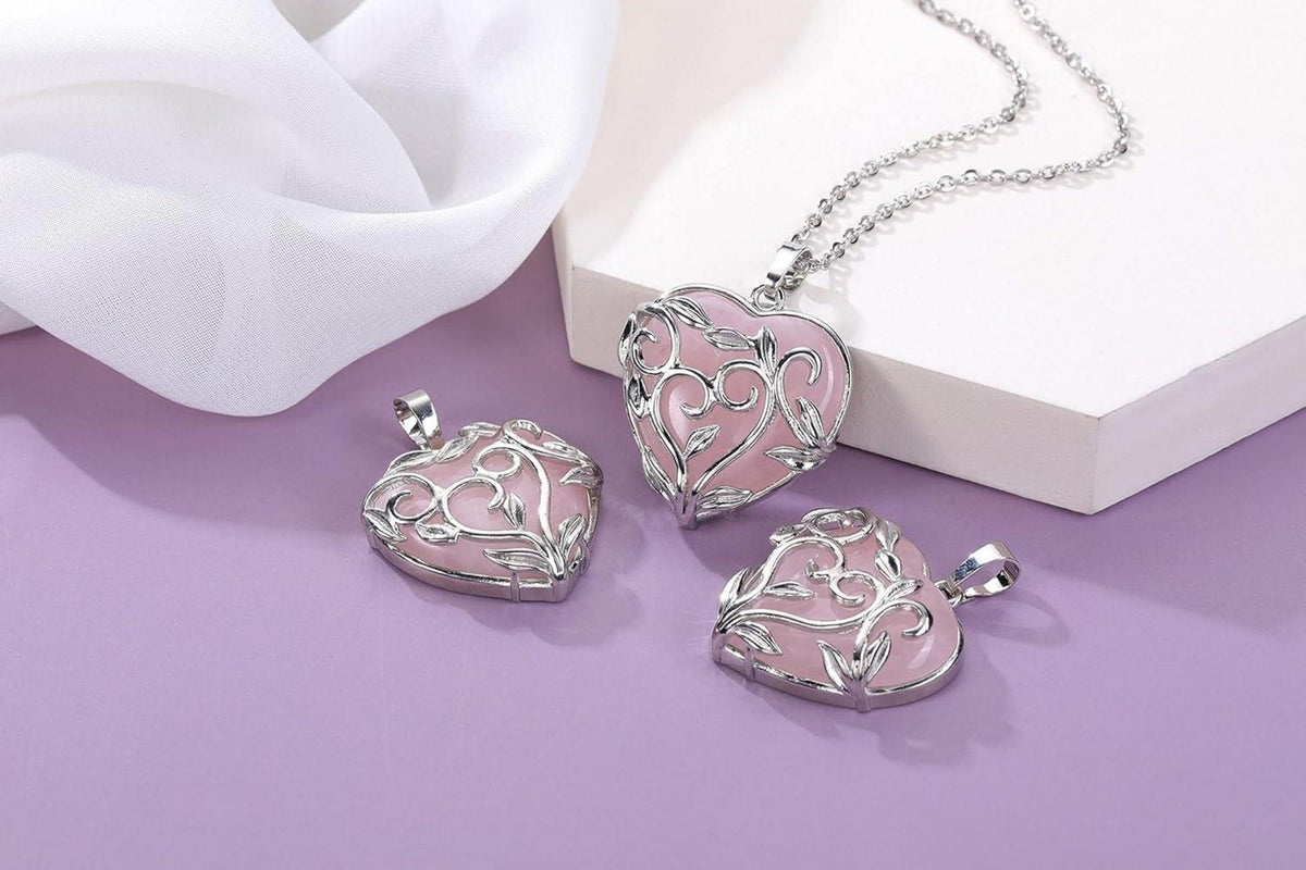 Damen Halskette mit Rosenquarz Herz Anhänger Silber
