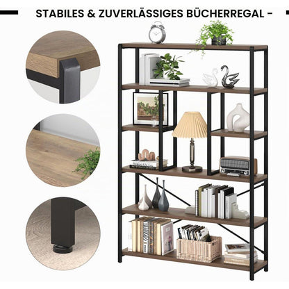 6-Ebenen Bücherregal | Standregal für Wohnzimmer, Büro & Schlafzimmer