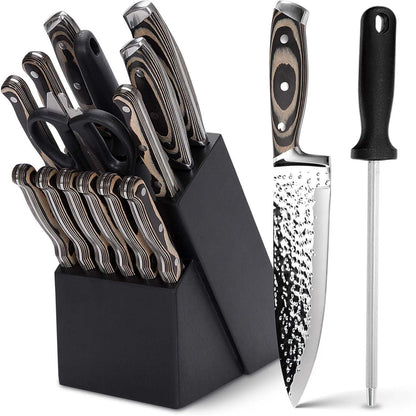 15-teiliges Küchenmesser-Set mit Messerblock, Edelstahl & Holzgriff