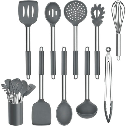 10-teiliges Silikon Küchenhelfer Set mit Edelstahlgriff, Grau