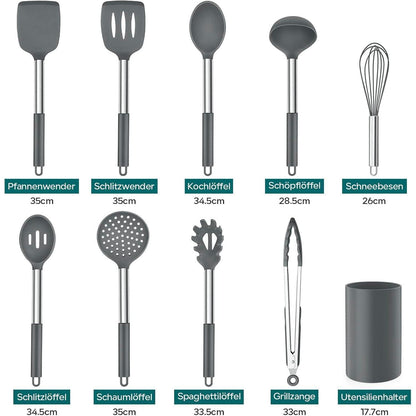 10-teiliges Silikon Küchenhelfer Set mit Edelstahlgriff, Grau