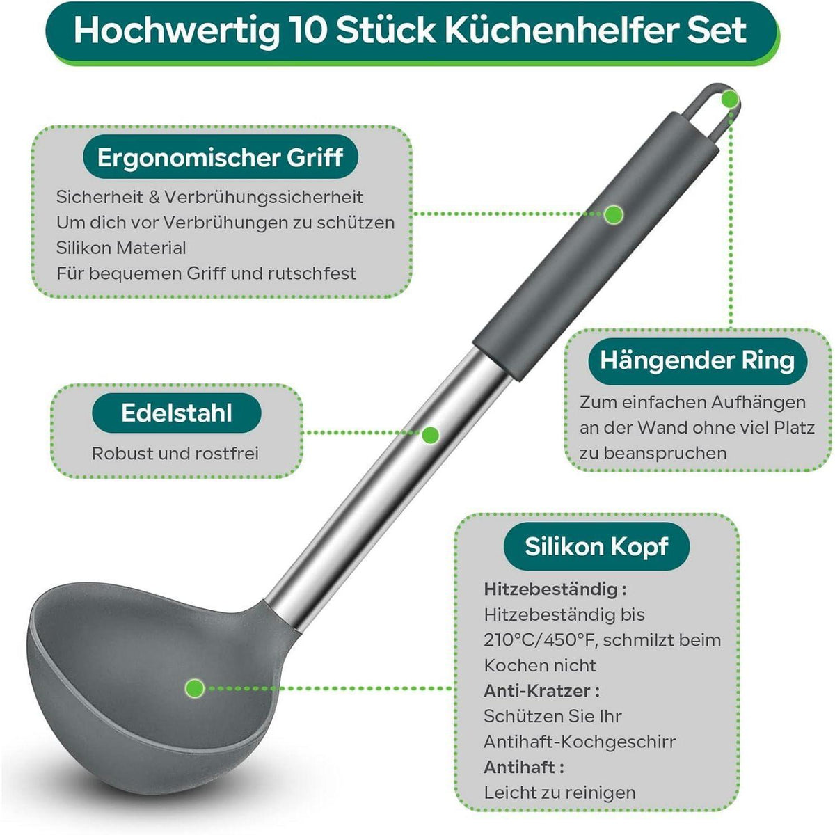 10-teiliges Silikon Küchenhelfer Set mit Edelstahlgriff, Grau