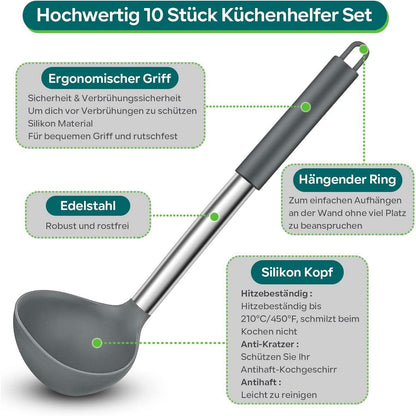10-teiliges Silikon Küchenhelfer Set mit Edelstahlgriff, Grau