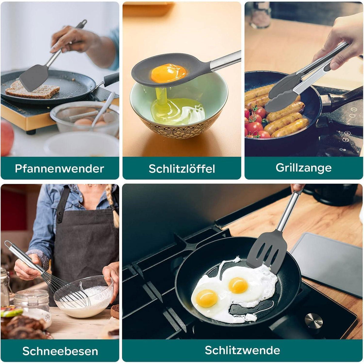 10-teiliges Silikon Küchenhelfer Set mit Edelstahlgriff, Grau