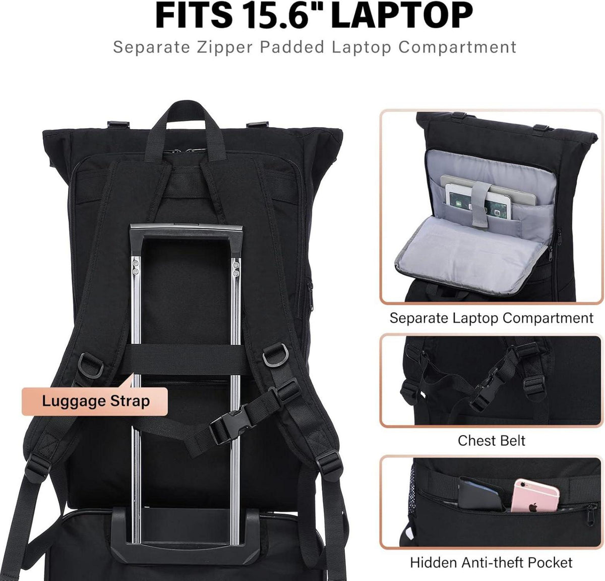 Rolltop Rucksack Wasserdichter Laptop 15,6 Zoll Schwarz, Uni Travel