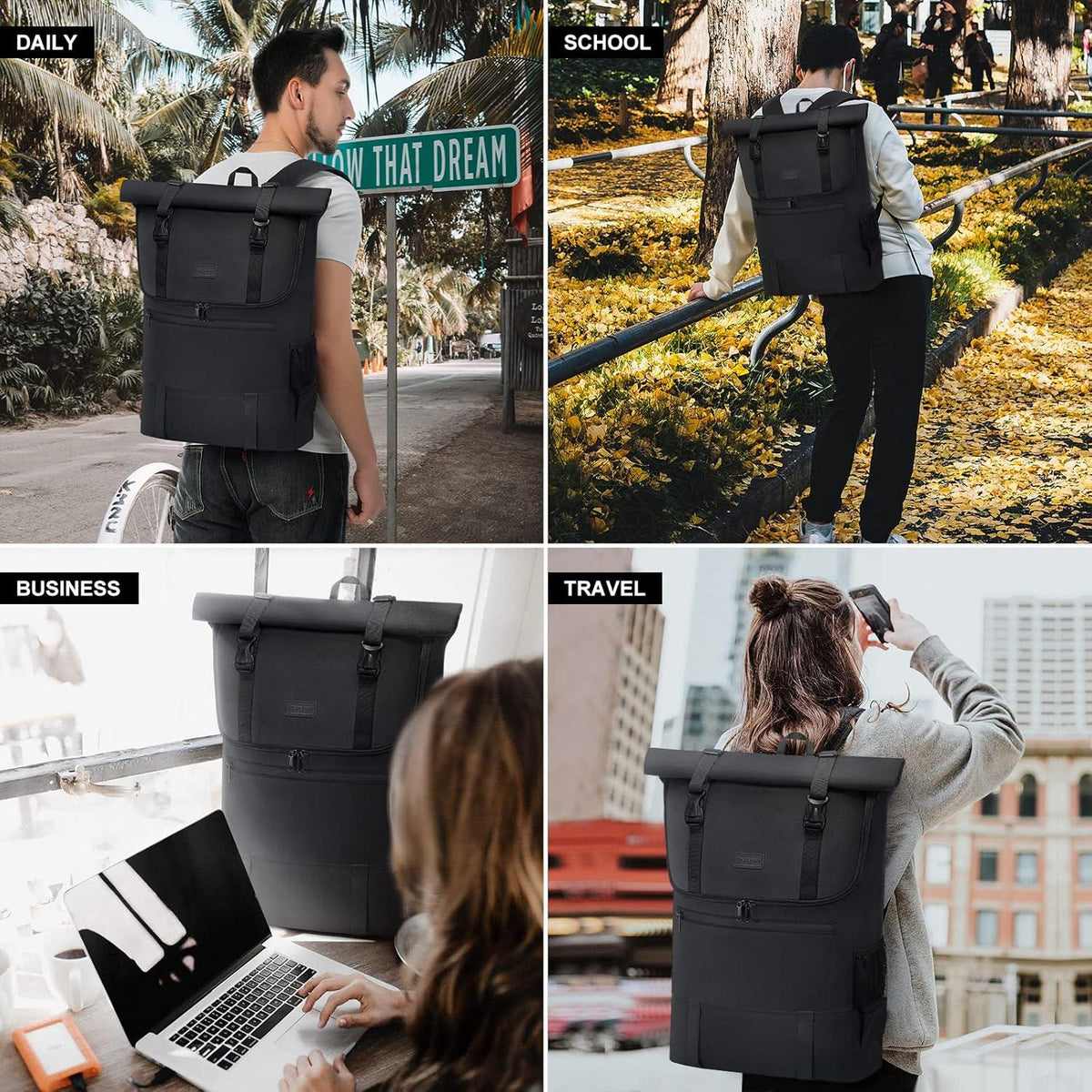Rolltop Rucksack 15,6 Zoll Laptop Wasserdicht Uni Travel Business