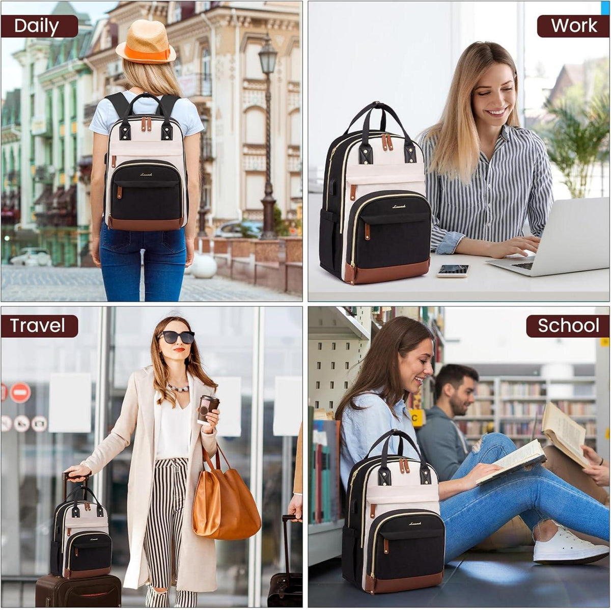 Damen Rucksack 15.6 Zoll Laptop Schulrucksack Mädchen Wasserdicht Schwarz Beige