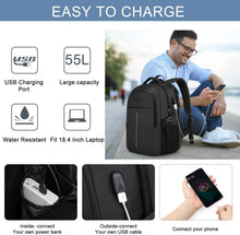 Extra Großer Rucksack Herren 55L Schwarz USB Laptopfach