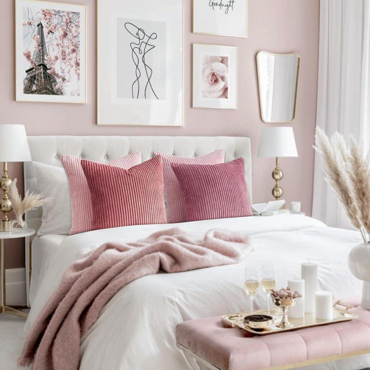 Kissenbezug 4er Set Kordsamt rosa 40x40cm Gestreift für Sofa