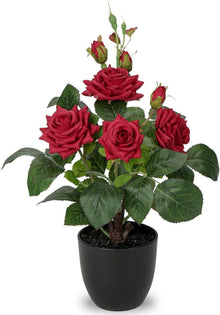 Kunstblumen Rosenbusch im Topf Künstliche Pflanzen Deko 34cm Rot