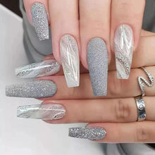 24er Set Künstliche Coffin Nägel Grey Glitter French MarblePressEvent