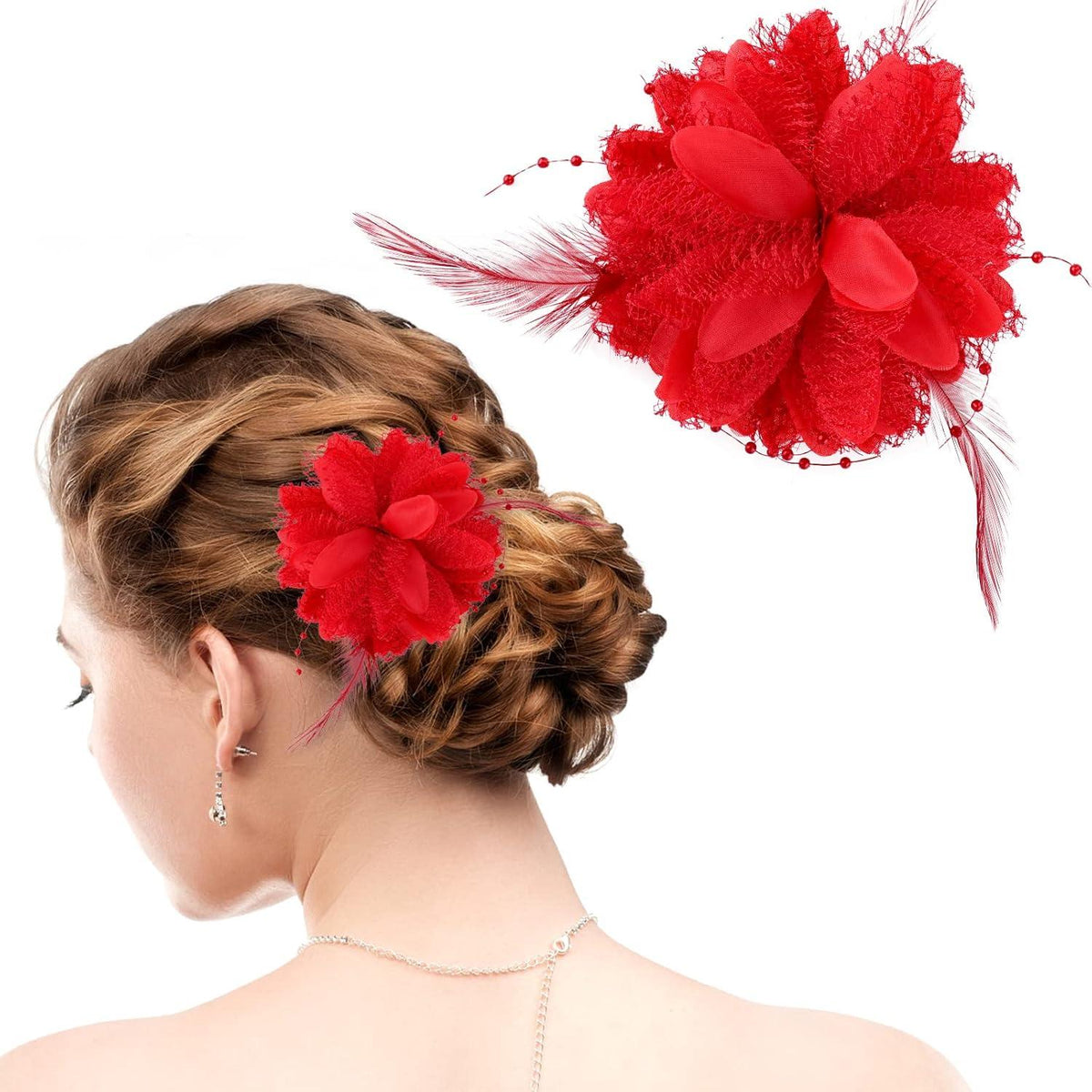 Blumenclips Haarnadeln Hut Hochzeit Haarschmuck Federn rote