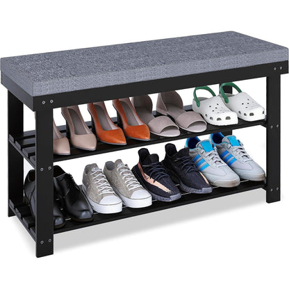 Bambus Schuhbank mit Kissen und 3 Fächern, Schwarz