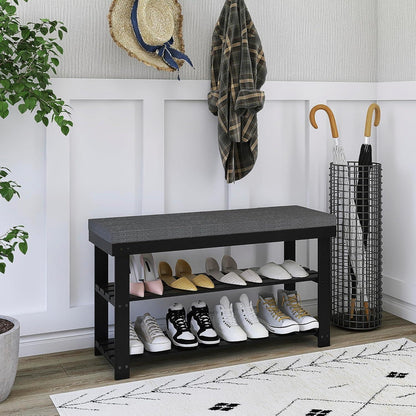 Bambus Schuhbank mit Kissen und 3 Fächern, Schwarz