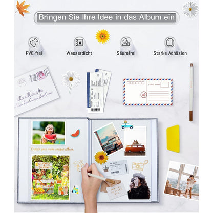 Selbstklebendes Fotoalbum mit Bildfenster, 40 Seiten, Leinen, Grau