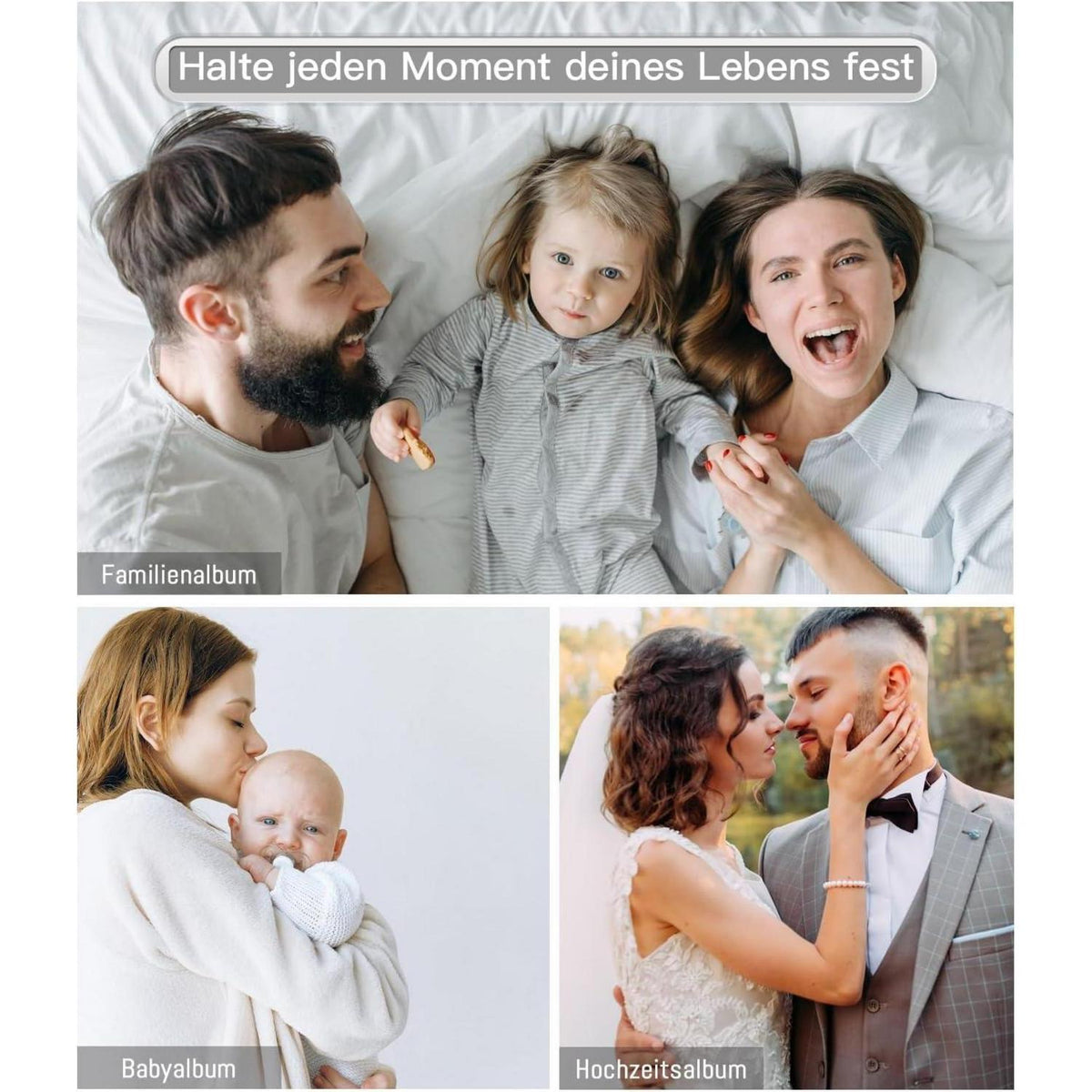 Selbstklebendes Fotoalbum mit Bildfenster, 40 Seiten, Leinen, Grau