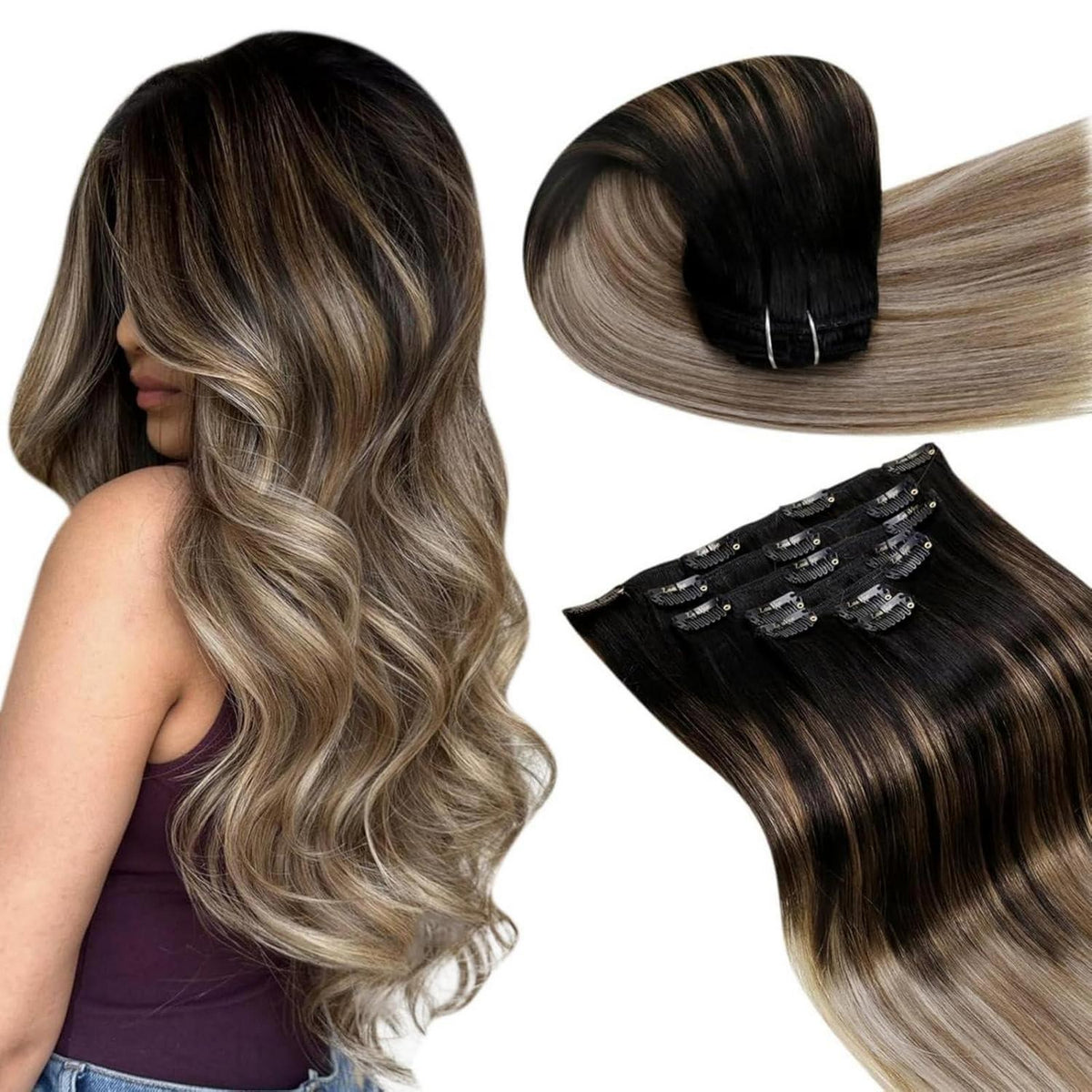 Echthaar Clip-in Extensions Schwarz-Blond Balayage 40cm
