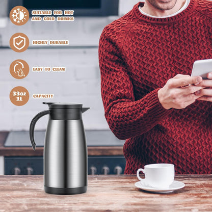 Isolierkanne 1L Edelstahl Thermoskanne Vakuum Kaffeekanne Teekanne Silber