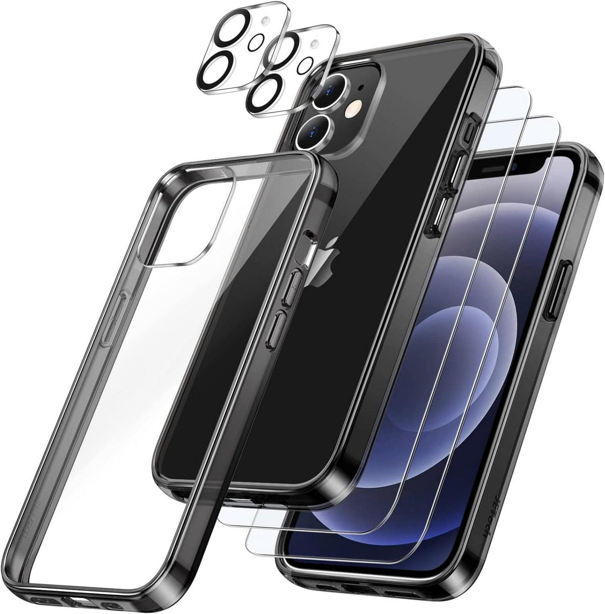 iPhone 12 Mini 5,4 Zoll Hülle 5-in-1 Schwarz Panzer Glas Folie