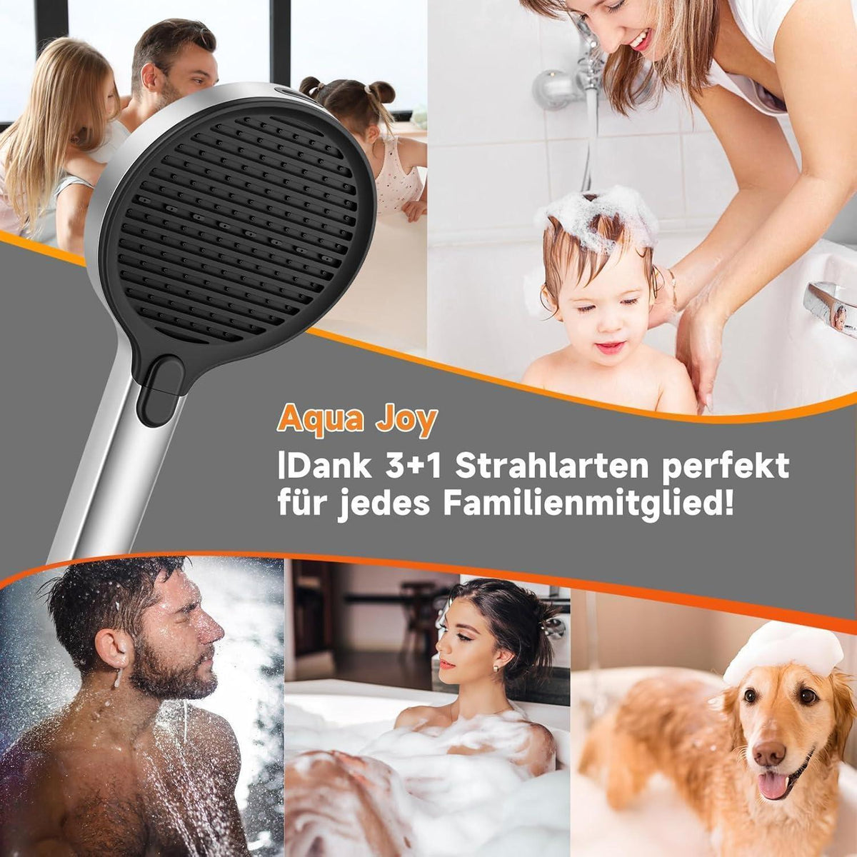 Hochdruck Duschkopf mit 3+1 Strahlarten & Wassersparfunktion