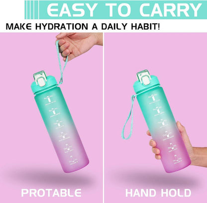 Trinkflasche 1L Sport mit Strohhalm, Zeitmarkierung, BPA-frei