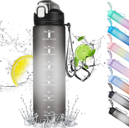 Sport Trinkflasche mit Strohhalm 1L Zeitmarkierung BPA-frei