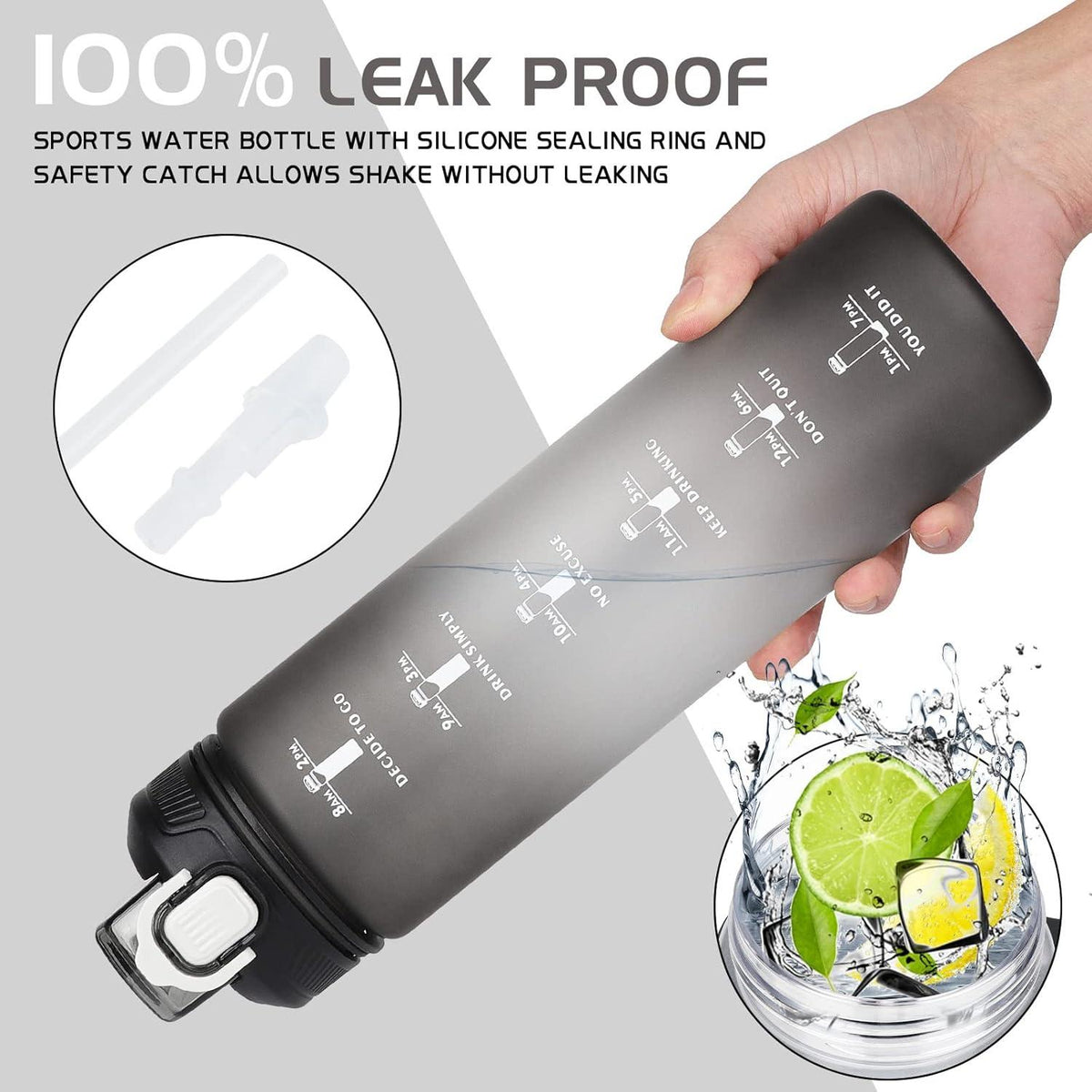 Sport Trinkflasche mit Strohhalm 1L Zeitmarkierung BPA-frei
