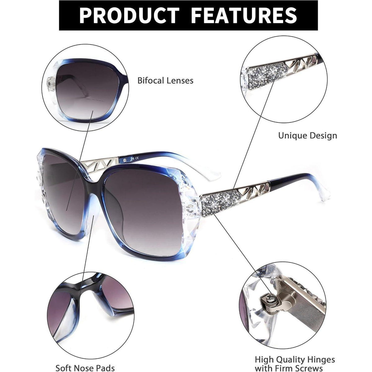 Bifokale Lese-Sonnenbrille Damen - Übergroße Gläser mit UV-Schutz