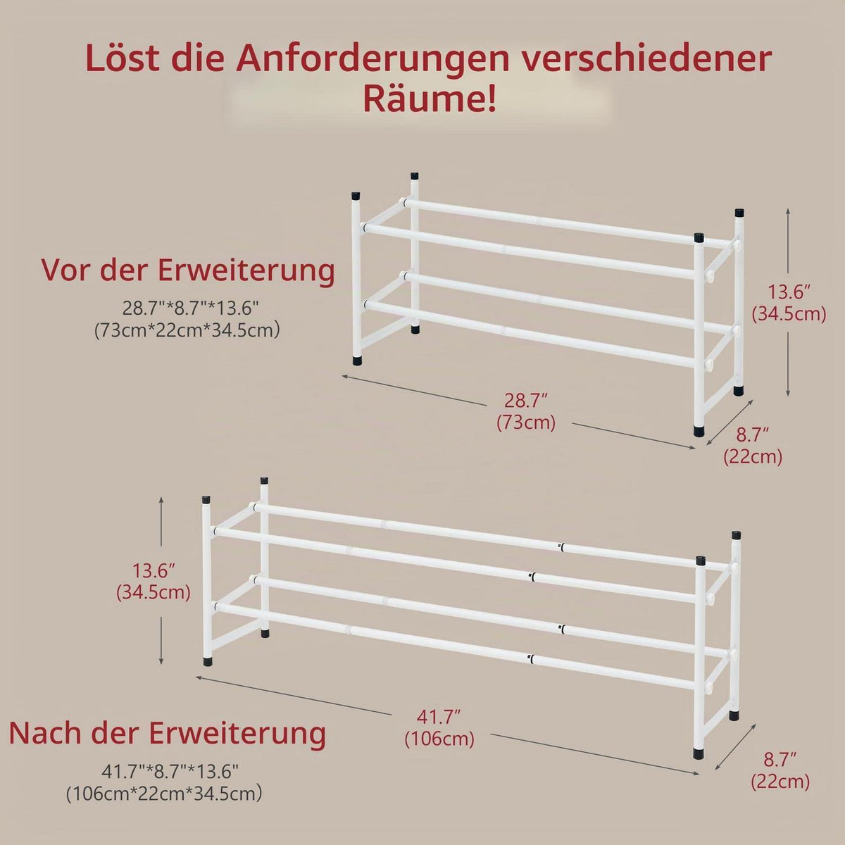 Ausziebares Schuhregal Metall, 2 Ebenen, Weiß